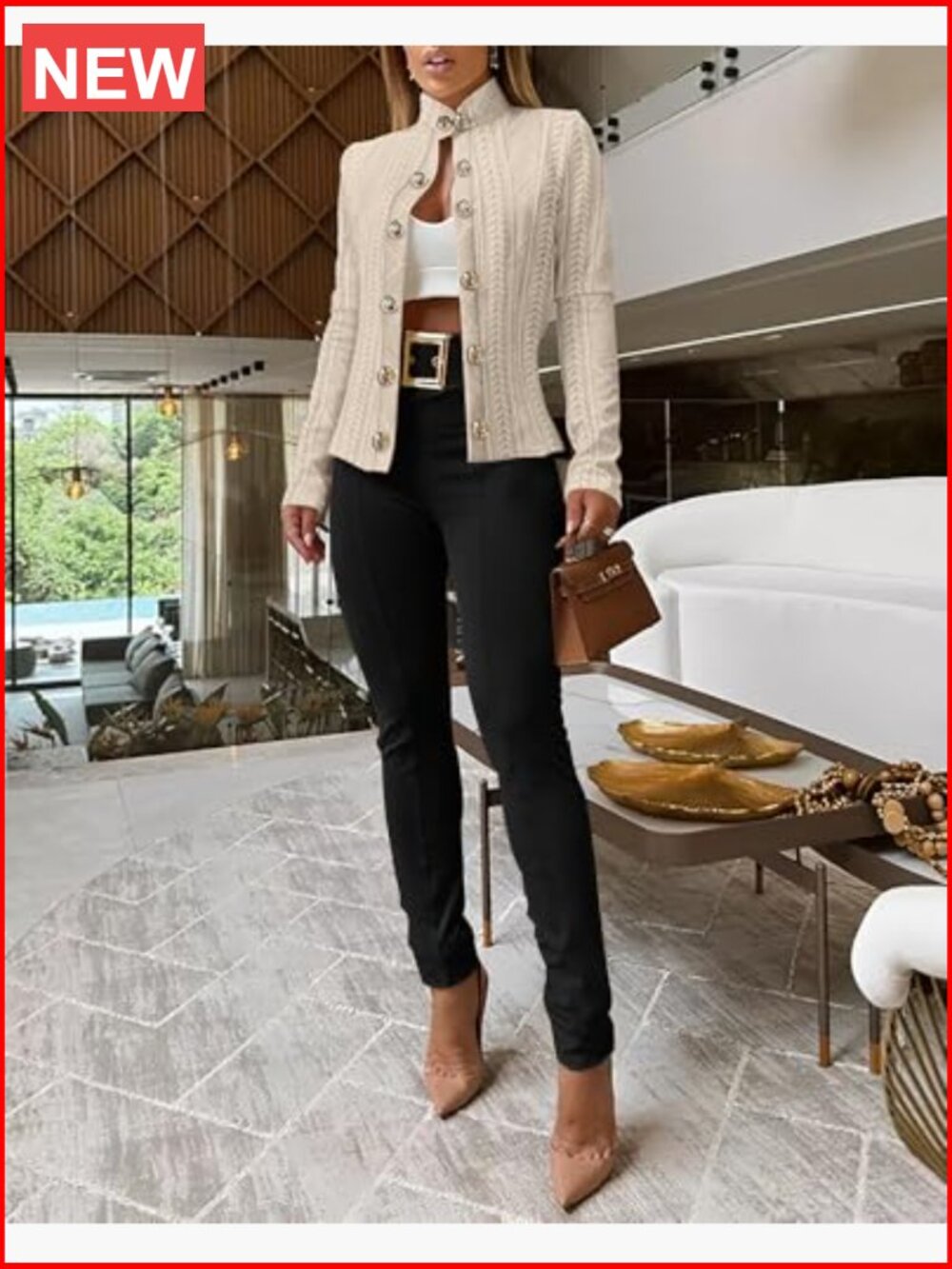Argyle Cable Cardigan Lightweight Cropped Stand Collar Long Sleeve Metal Button - Picture 2 of 7